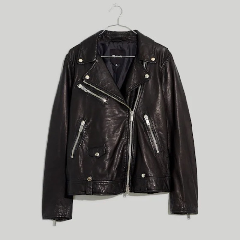 Madewell Washed Leather Moto Jacket Womens Black Oversized Biker NC052 lamb